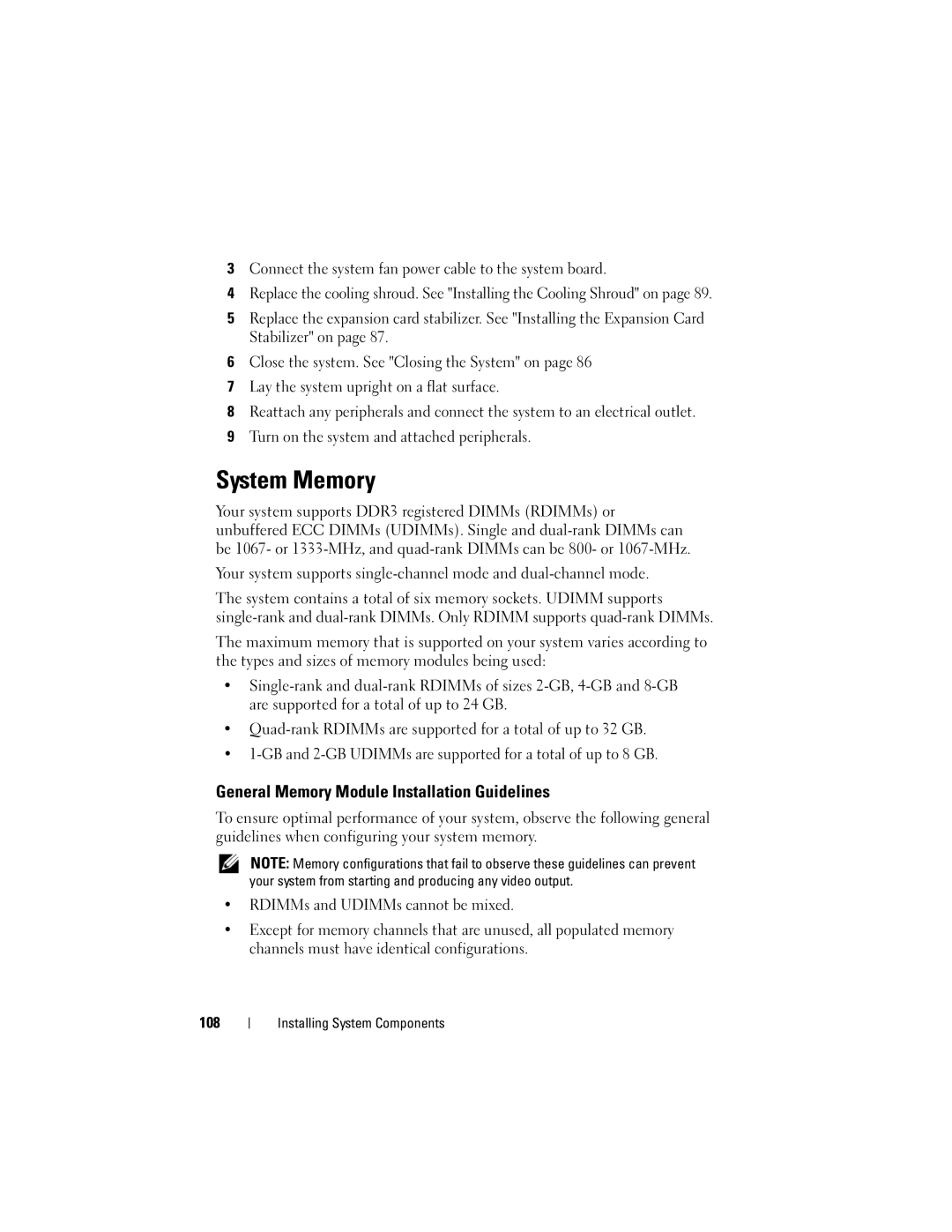 Dell T310 owner manual System Memory, General Memory Module Installation Guidelines 