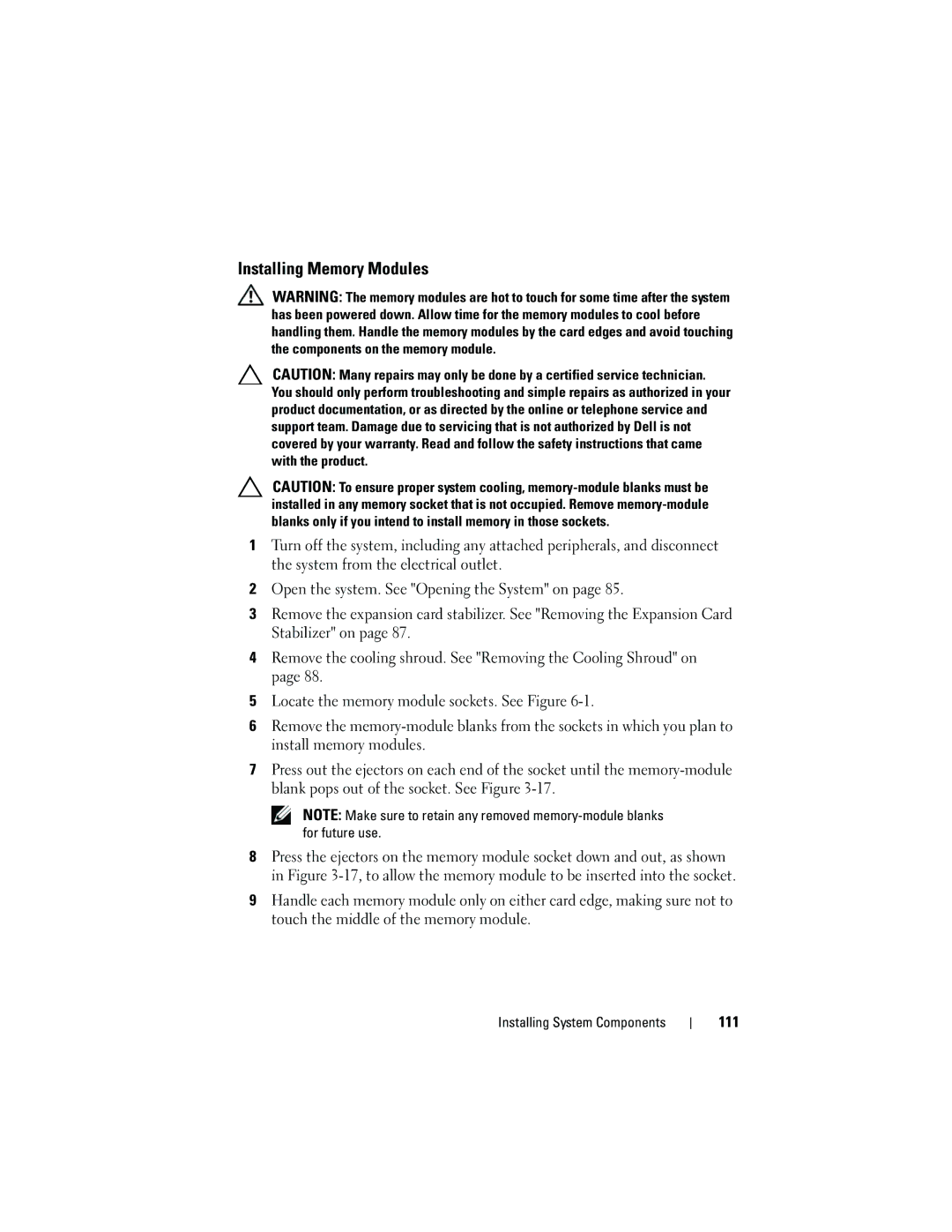 Dell T310 owner manual Installing Memory Modules, 111 