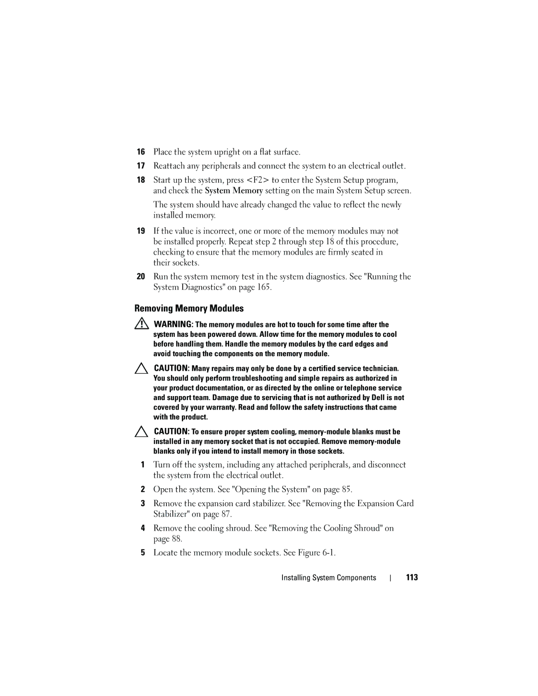 Dell T310 owner manual Removing Memory Modules, 113 