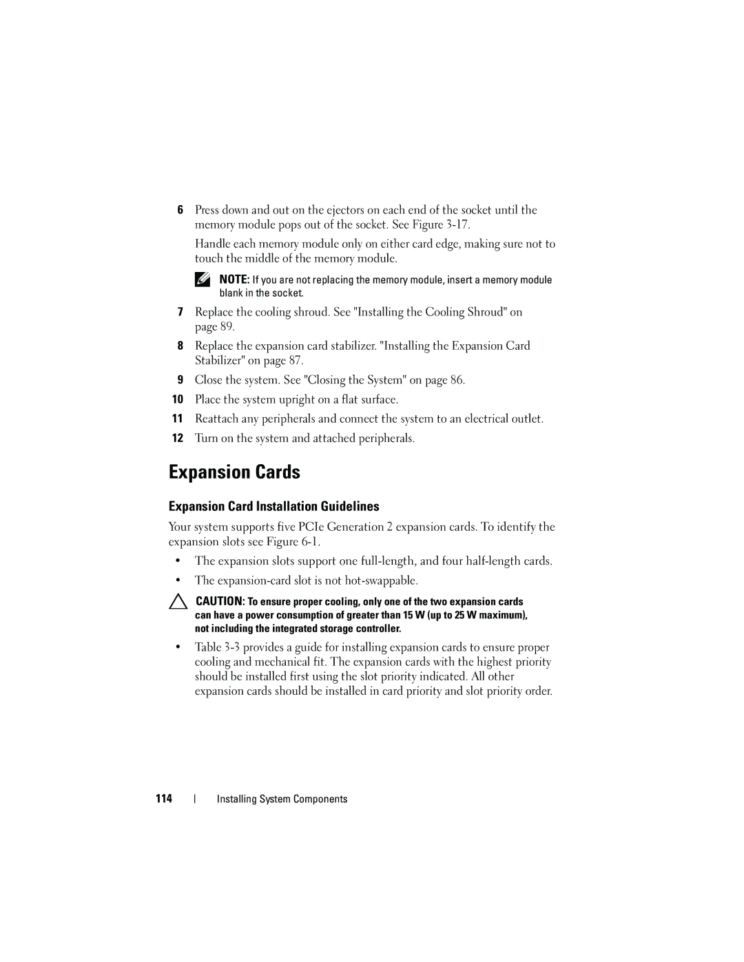 Dell T310 owner manual Expansion Cards, Expansion Card Installation Guidelines, 114 