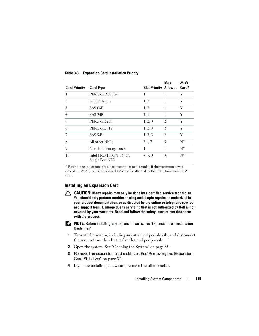 Dell T310 owner manual Installing an Expansion Card, 115 