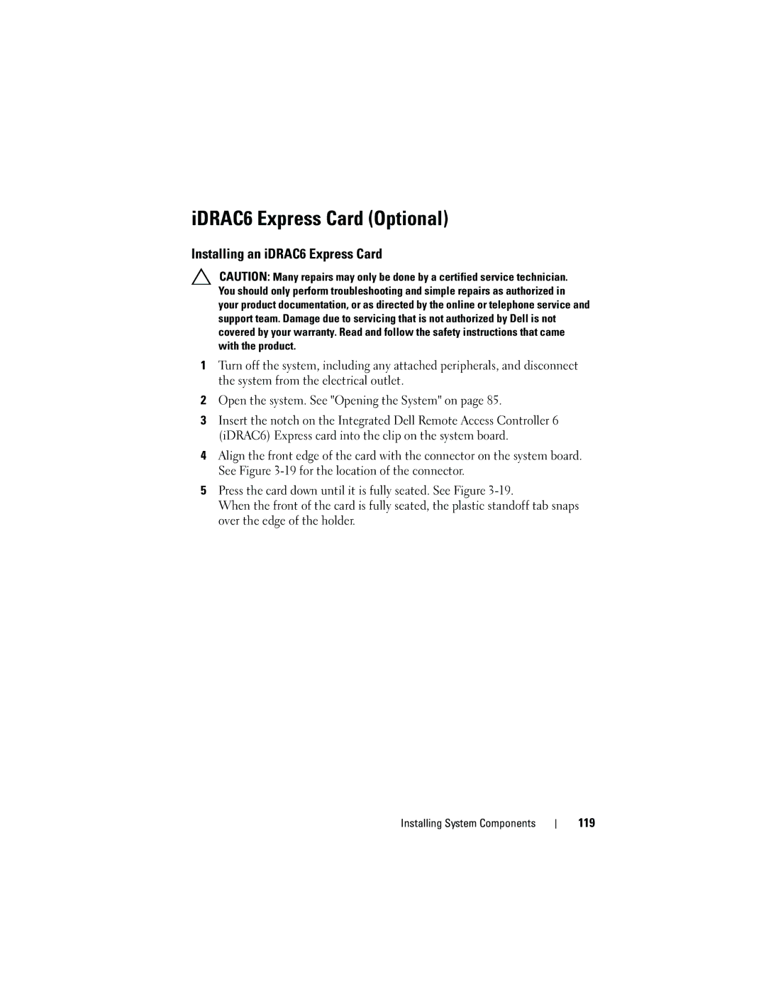 Dell T310 owner manual IDRAC6 Express Card Optional, Installing an iDRAC6 Express Card, 119 