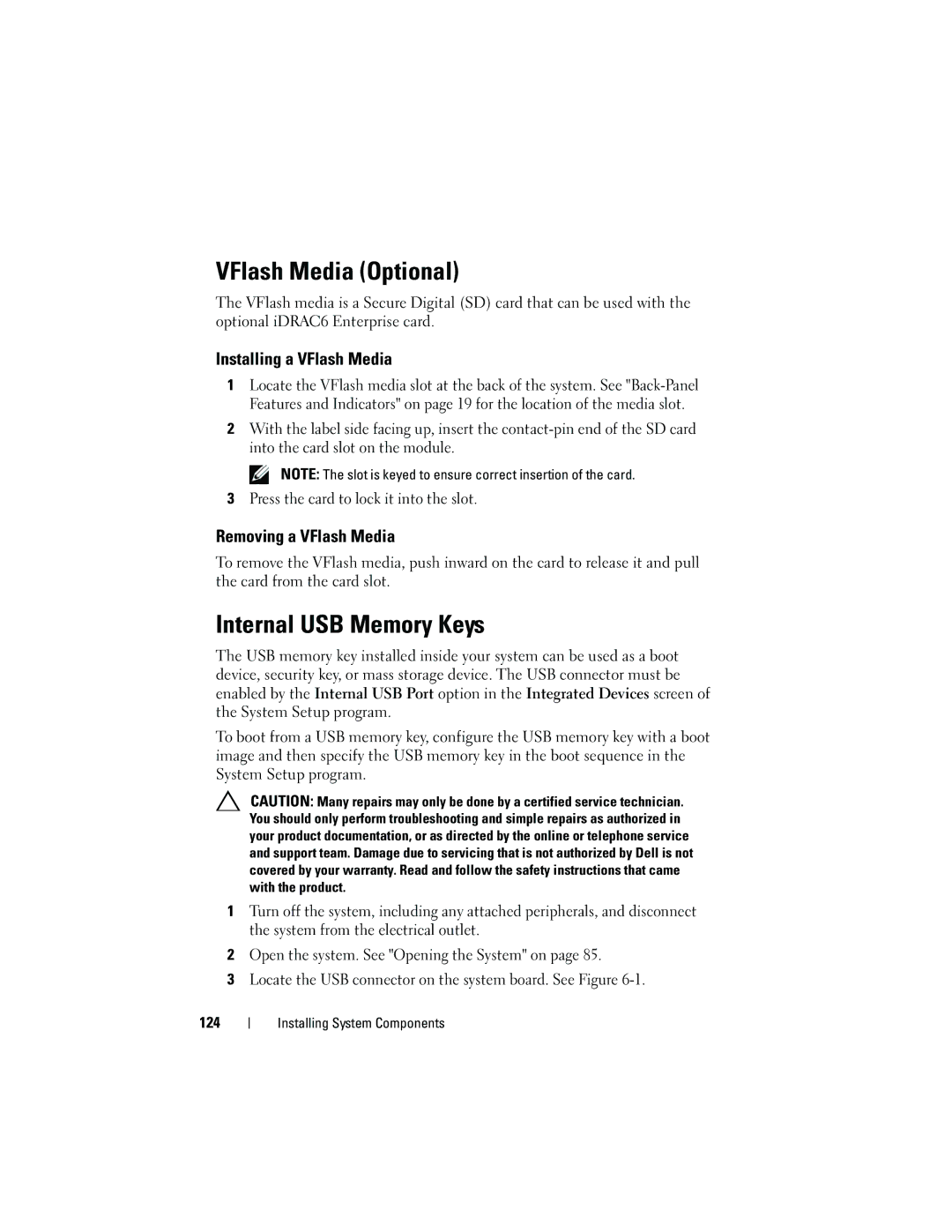 Dell T310 owner manual VFlash Media Optional, Internal USB Memory Keys, Installing a VFlash Media, Removing a VFlash Media 