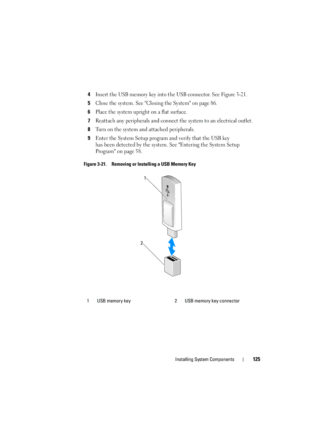 Dell T310 owner manual 125, Removing or Installing a USB Memory Key USB memory key 