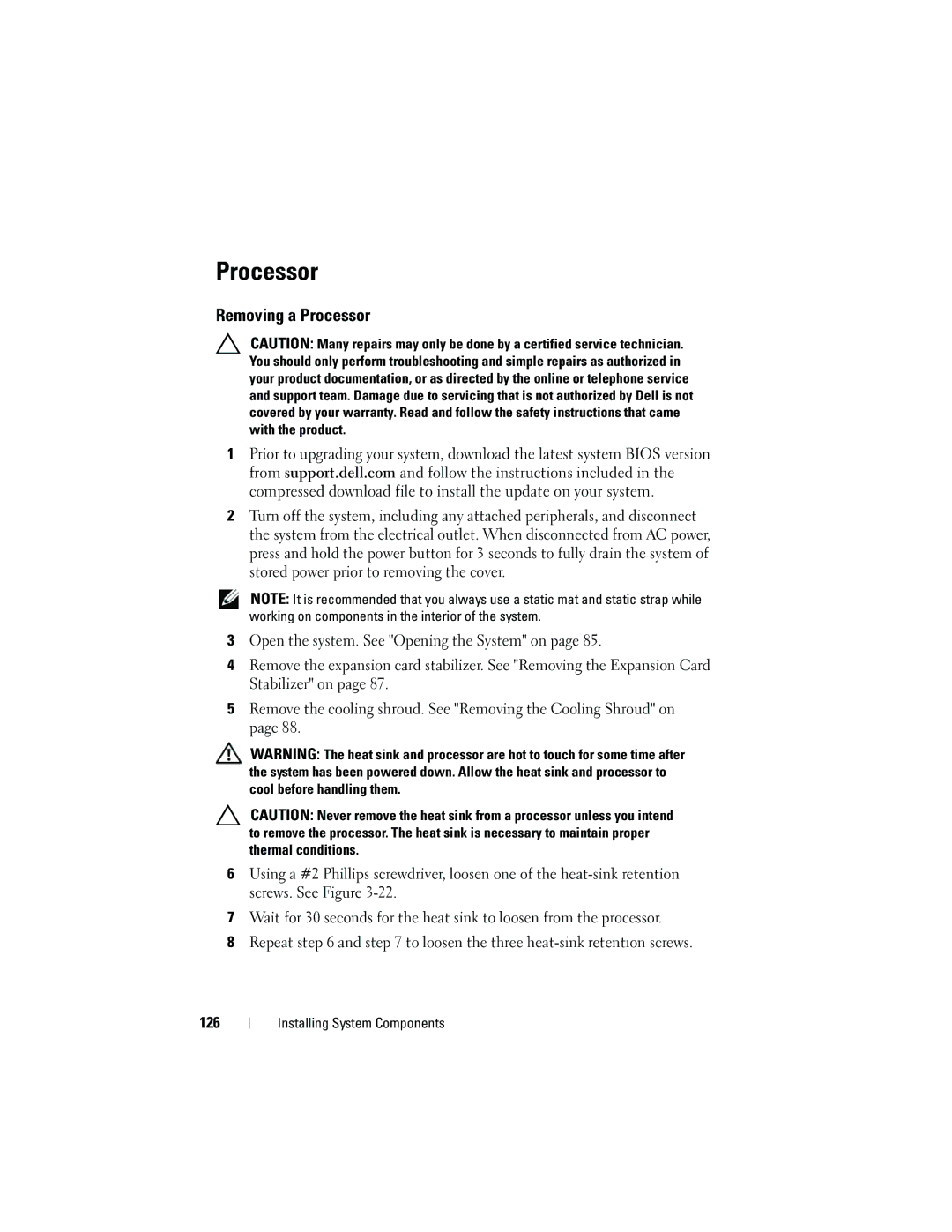 Dell T310 owner manual Removing a Processor 