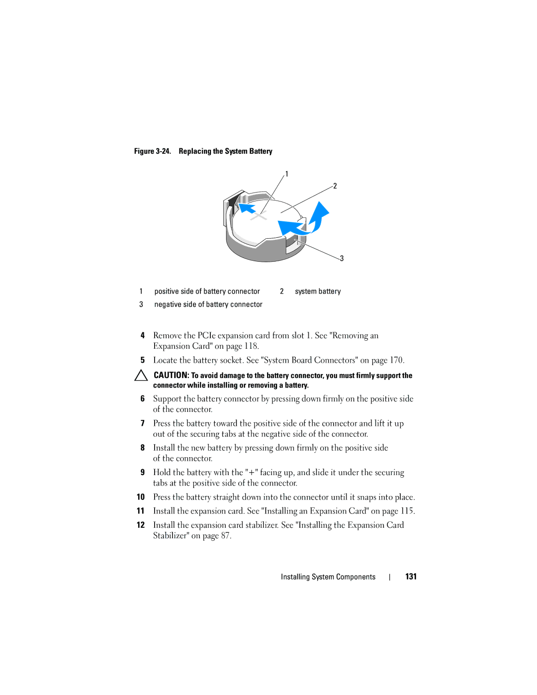 Dell T310 owner manual 131, Replacing the System Battery 