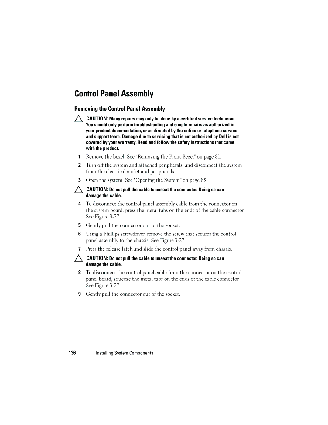 Dell T310 owner manual Removing the Control Panel Assembly 