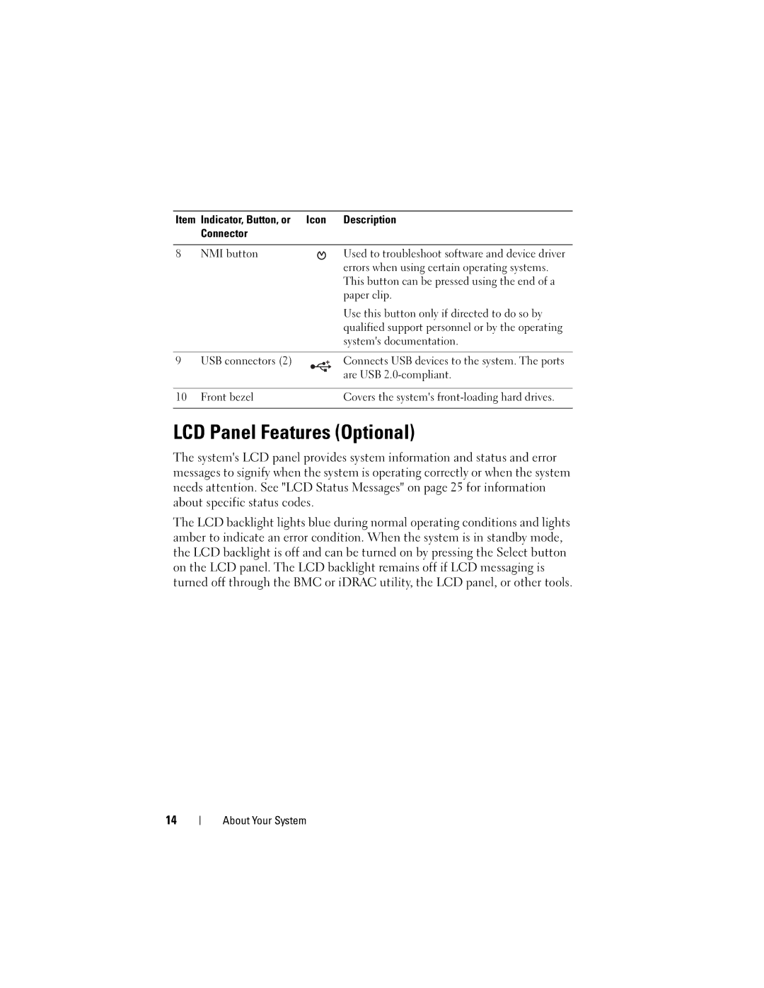 Dell T310 owner manual LCD Panel Features Optional 