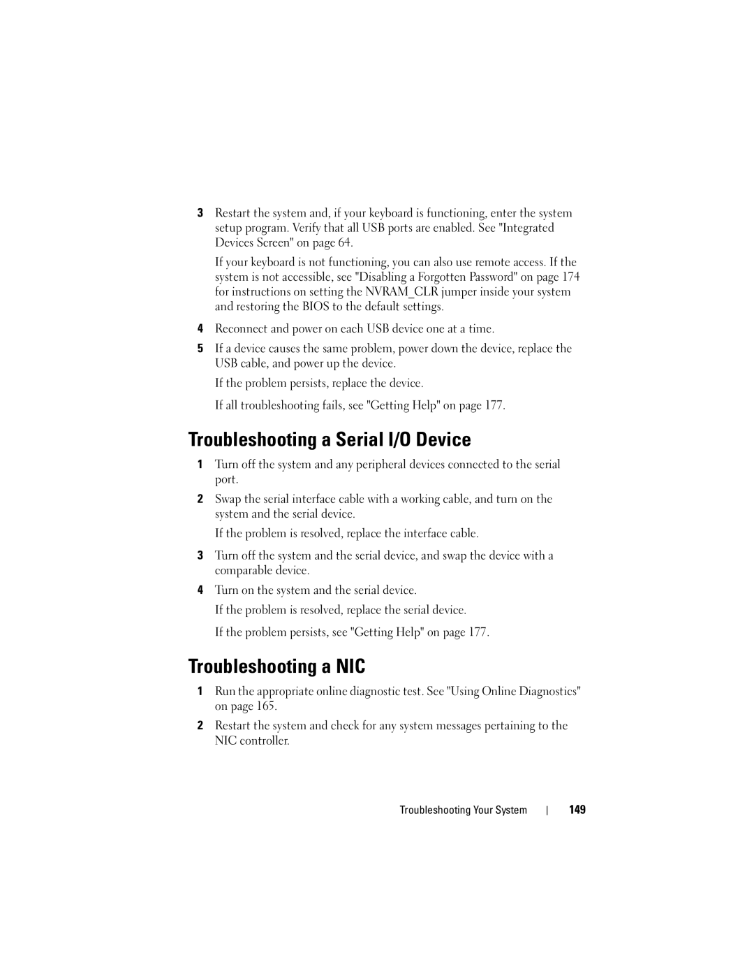 Dell T310 owner manual Troubleshooting a Serial I/O Device, Troubleshooting a NIC, 149 