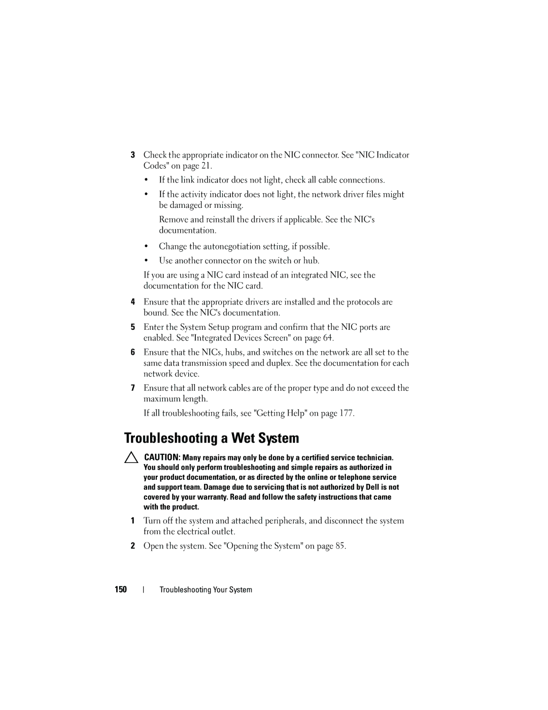 Dell T310 owner manual Troubleshooting a Wet System 