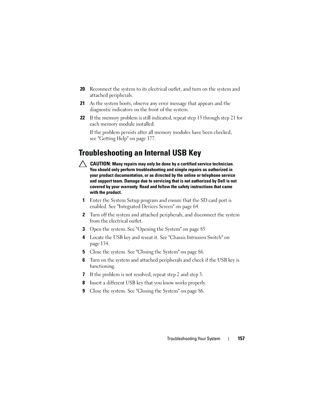 Dell T310 owner manual Troubleshooting an Internal USB Key, 157 