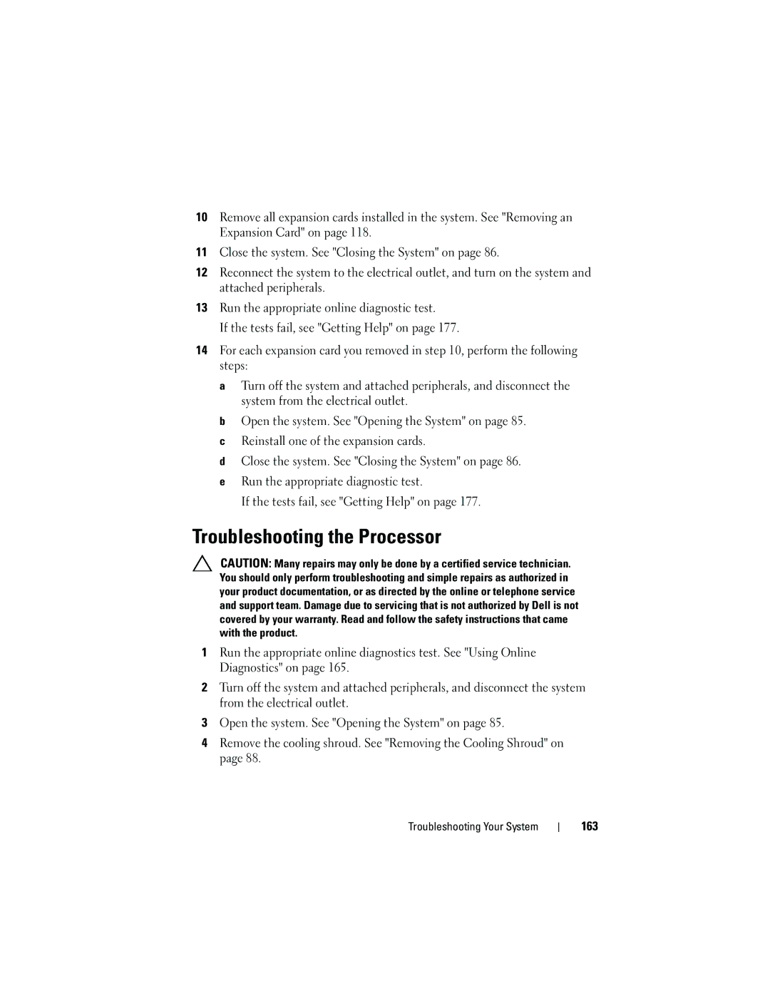 Dell T310 owner manual Troubleshooting the Processor, 163 