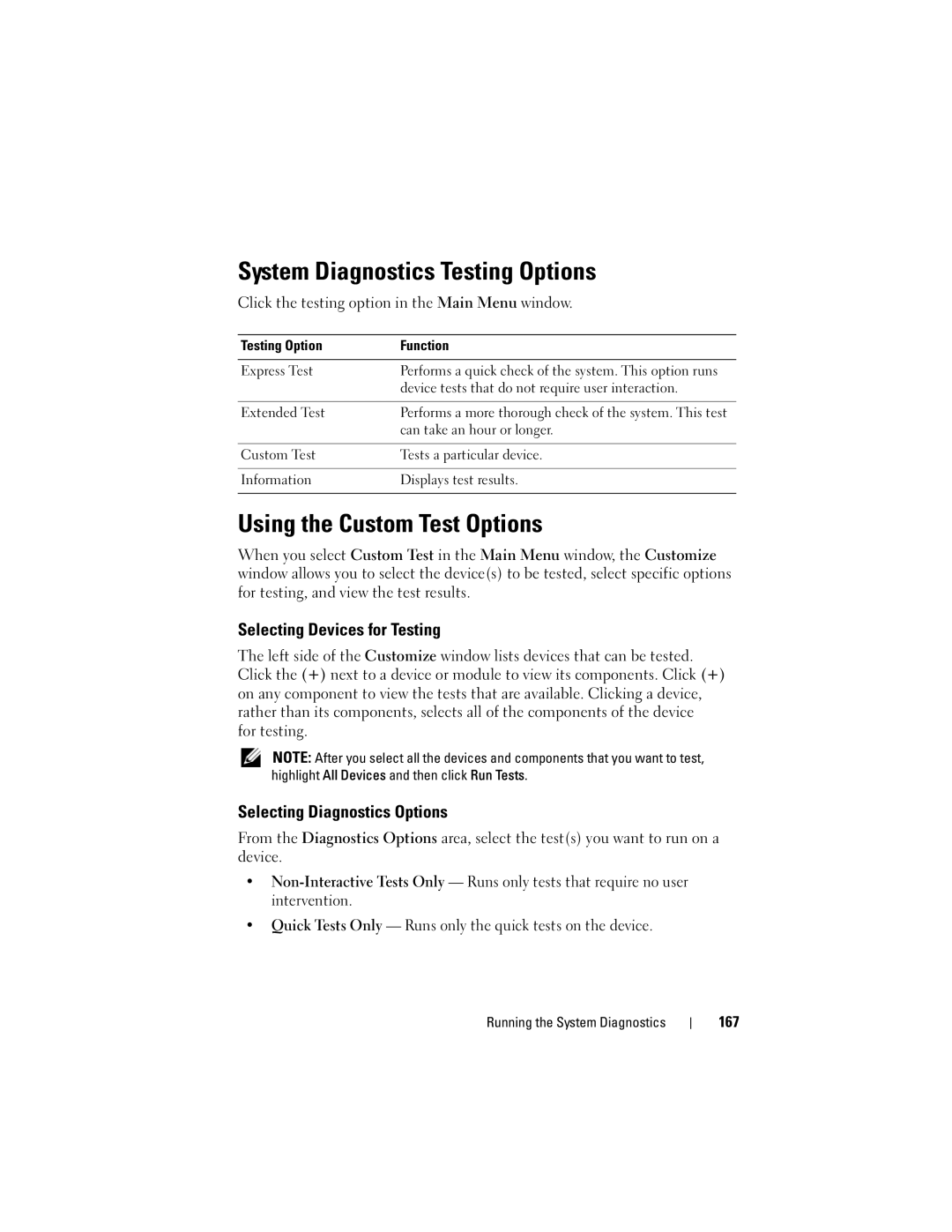 Dell T310 owner manual System Diagnostics Testing Options, Using the Custom Test Options, Selecting Devices for Testing 