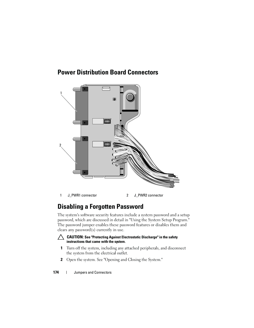 Dell T310 owner manual Power Distribution Board Connectors, Disabling a Forgotten Password, JPWR1 connector JPWR2 connector 