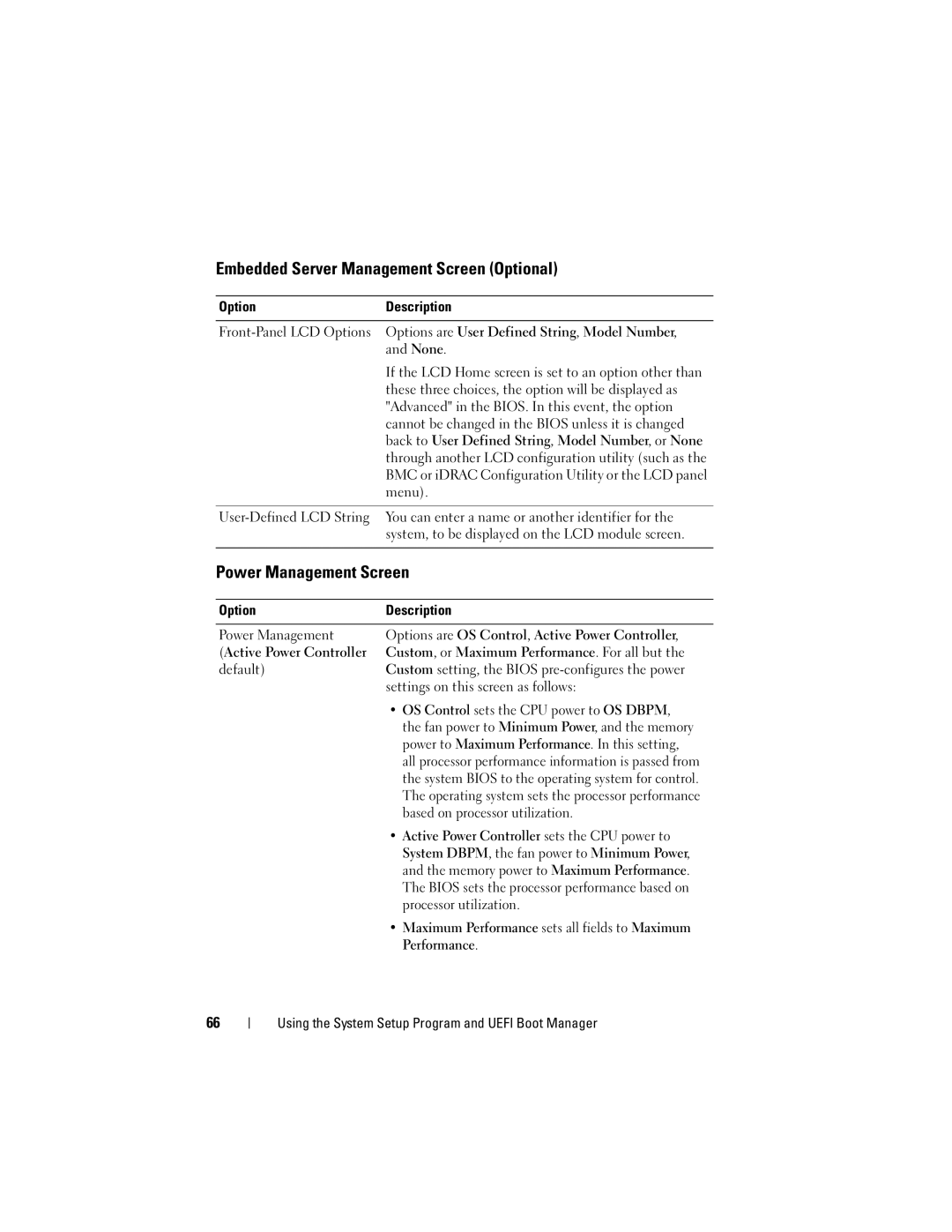 Dell T310 owner manual Embedded Server Management Screen Optional, Power Management Screen 