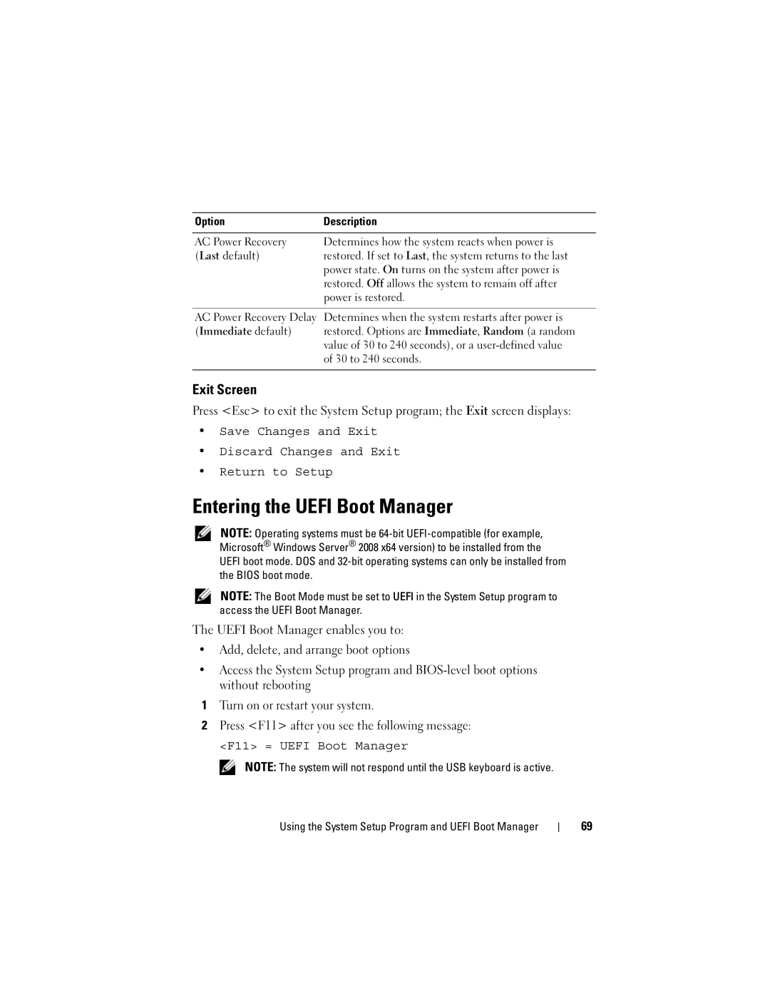 Dell T310 owner manual Entering the Uefi Boot Manager, Exit Screen 