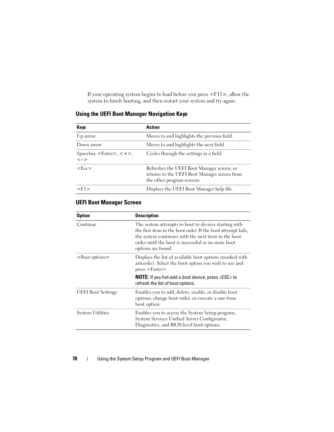 Dell T310 owner manual Using the Uefi Boot Manager Navigation Keys, Uefi Boot Manager Screen 