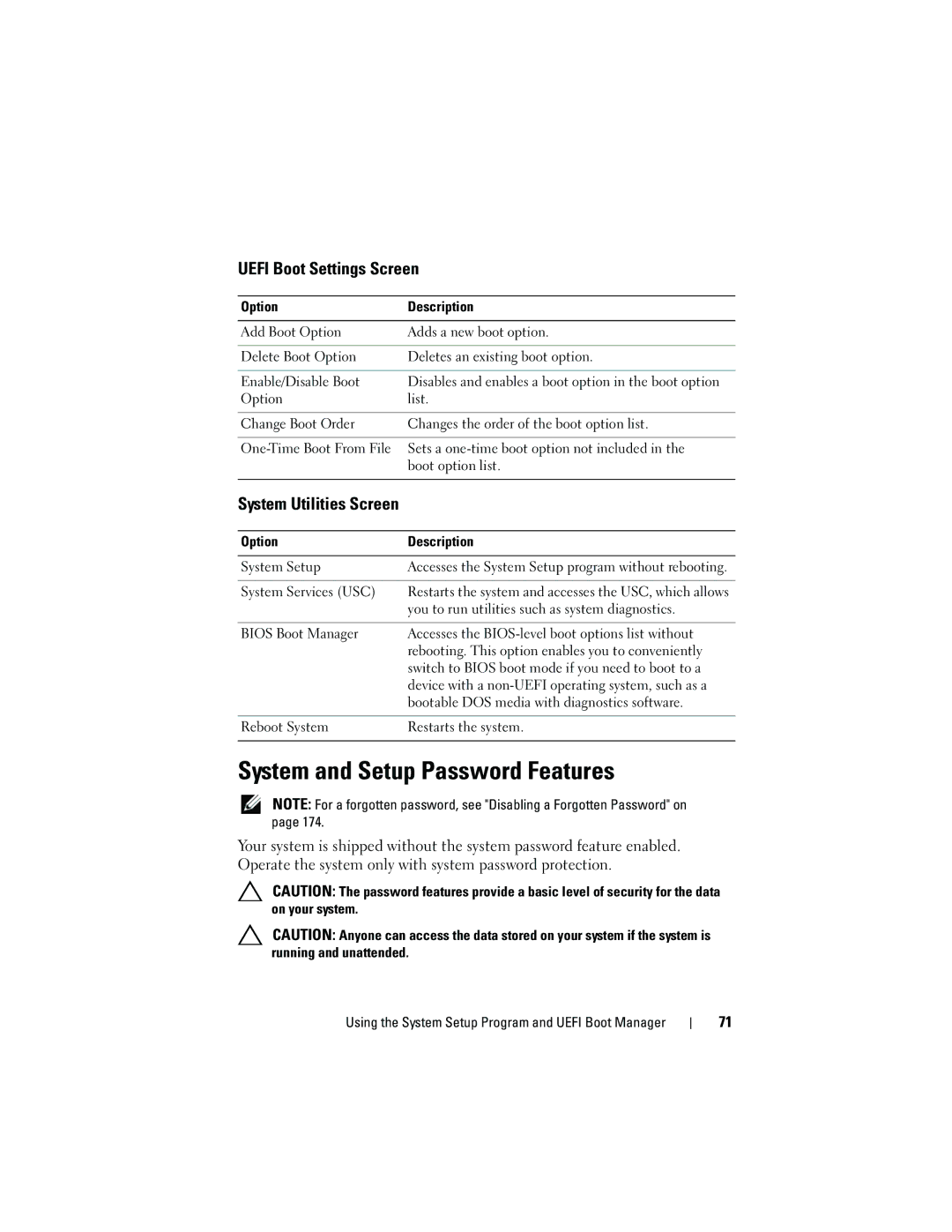 Dell T310 owner manual System and Setup Password Features, Uefi Boot Settings Screen, System Utilities Screen 