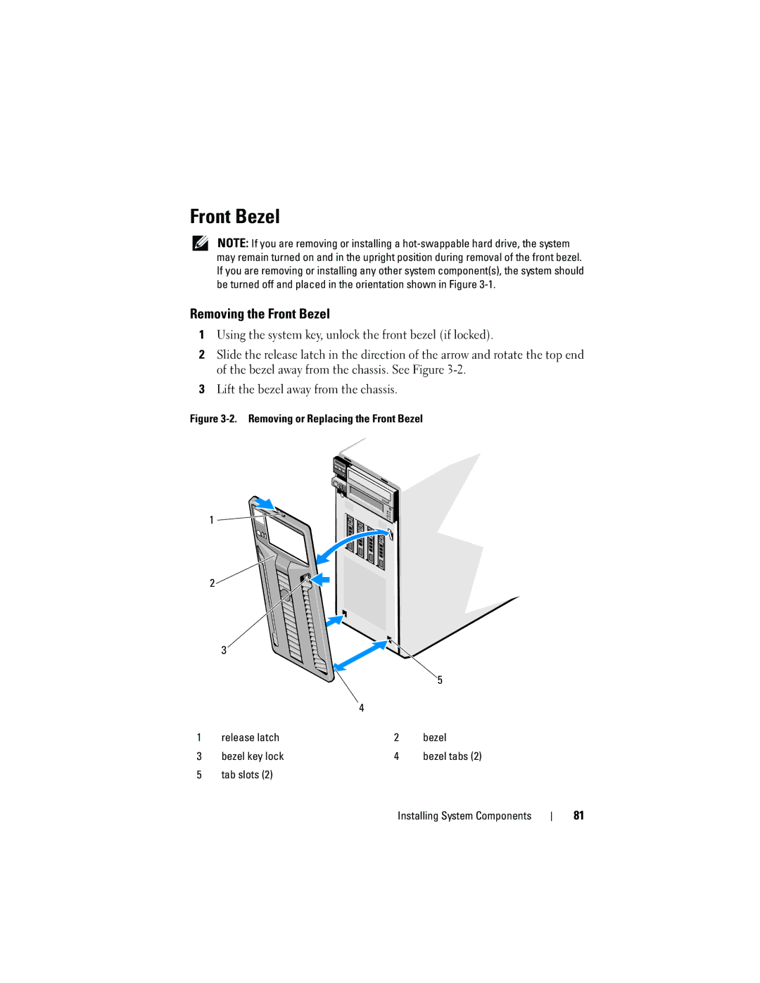 Dell T310 owner manual Removing the Front Bezel, Tab slots Installing System Components 