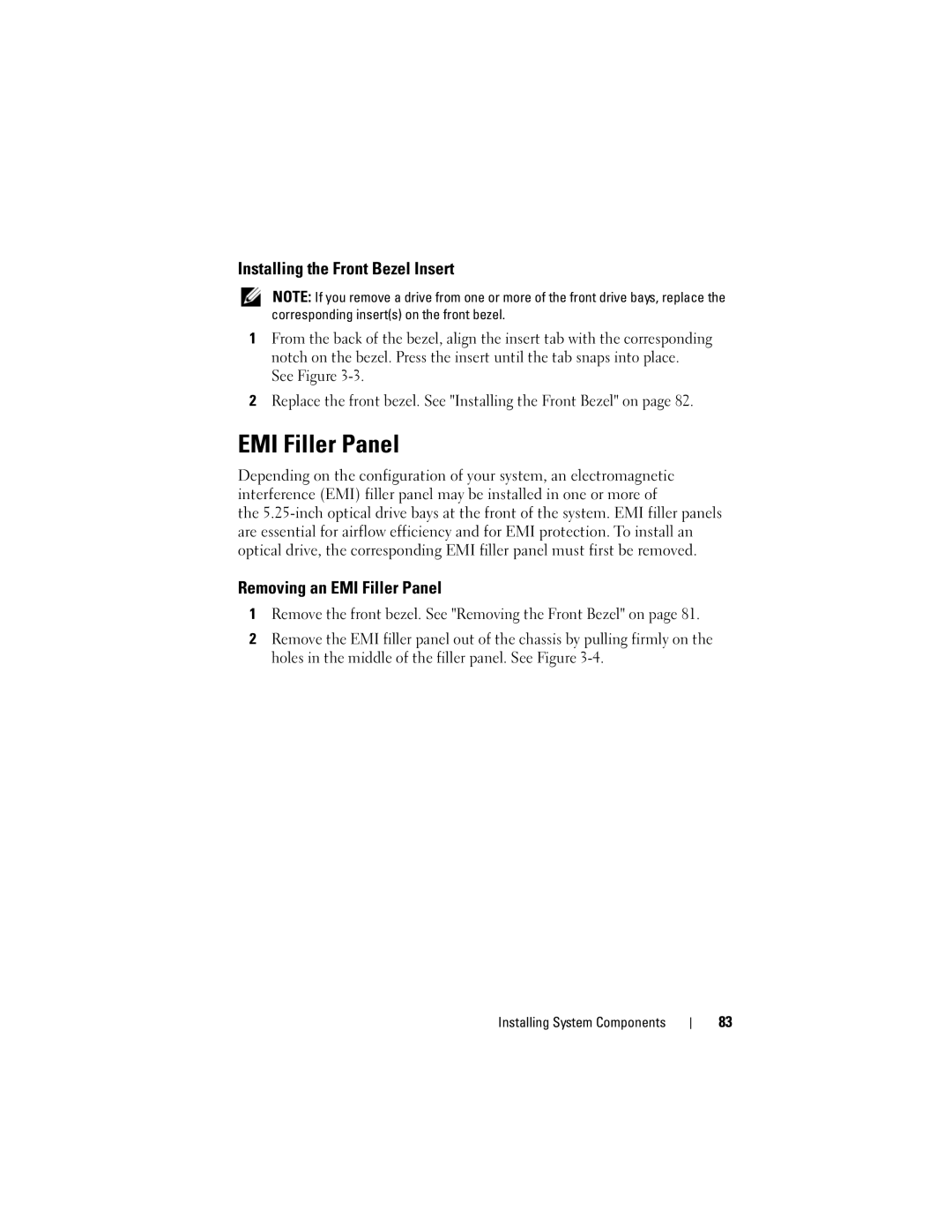 Dell T310 owner manual Installing the Front Bezel Insert, Removing an EMI Filler Panel 