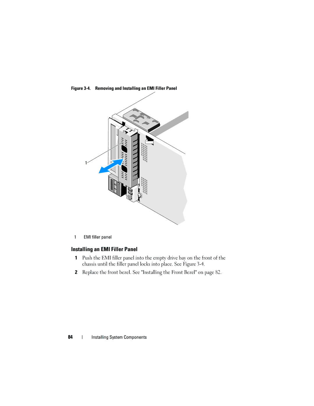 Dell T310 owner manual Removing and Installing an EMI Filler Panel EMI filler panel 