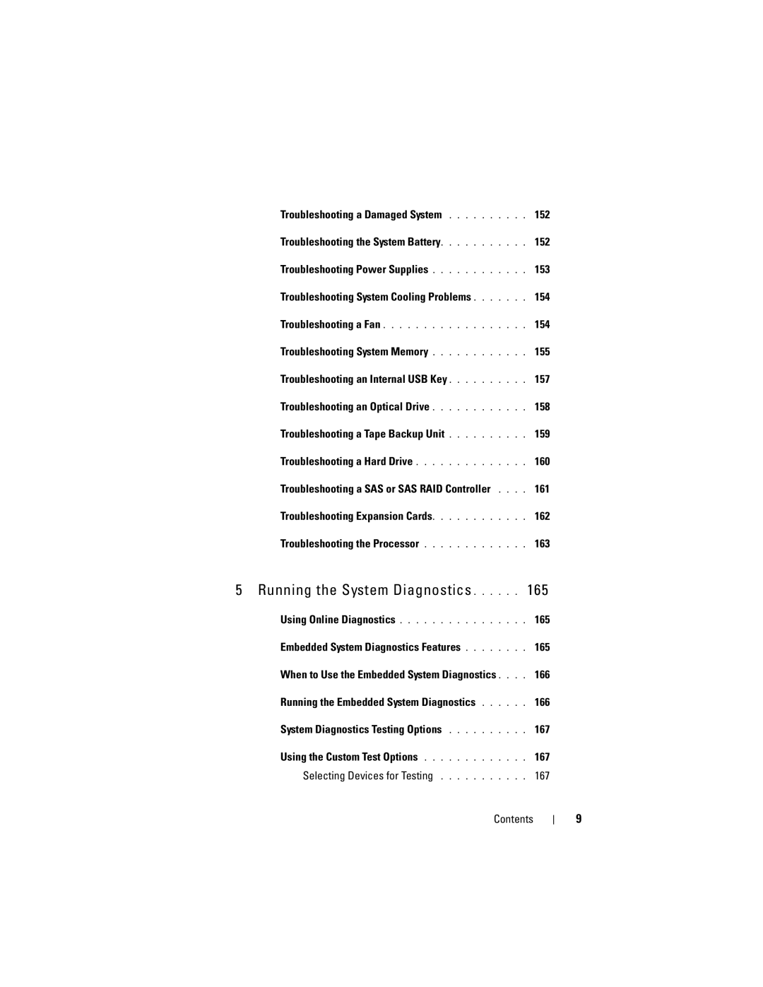 Dell T310 owner manual 154, 161, When to Use the Embedded System Diagnostics, 166 