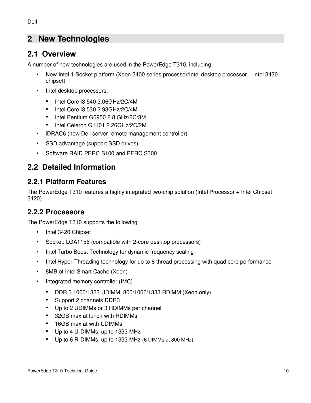 Dell T310 manual New Technologies, Overview, Detailed Information 