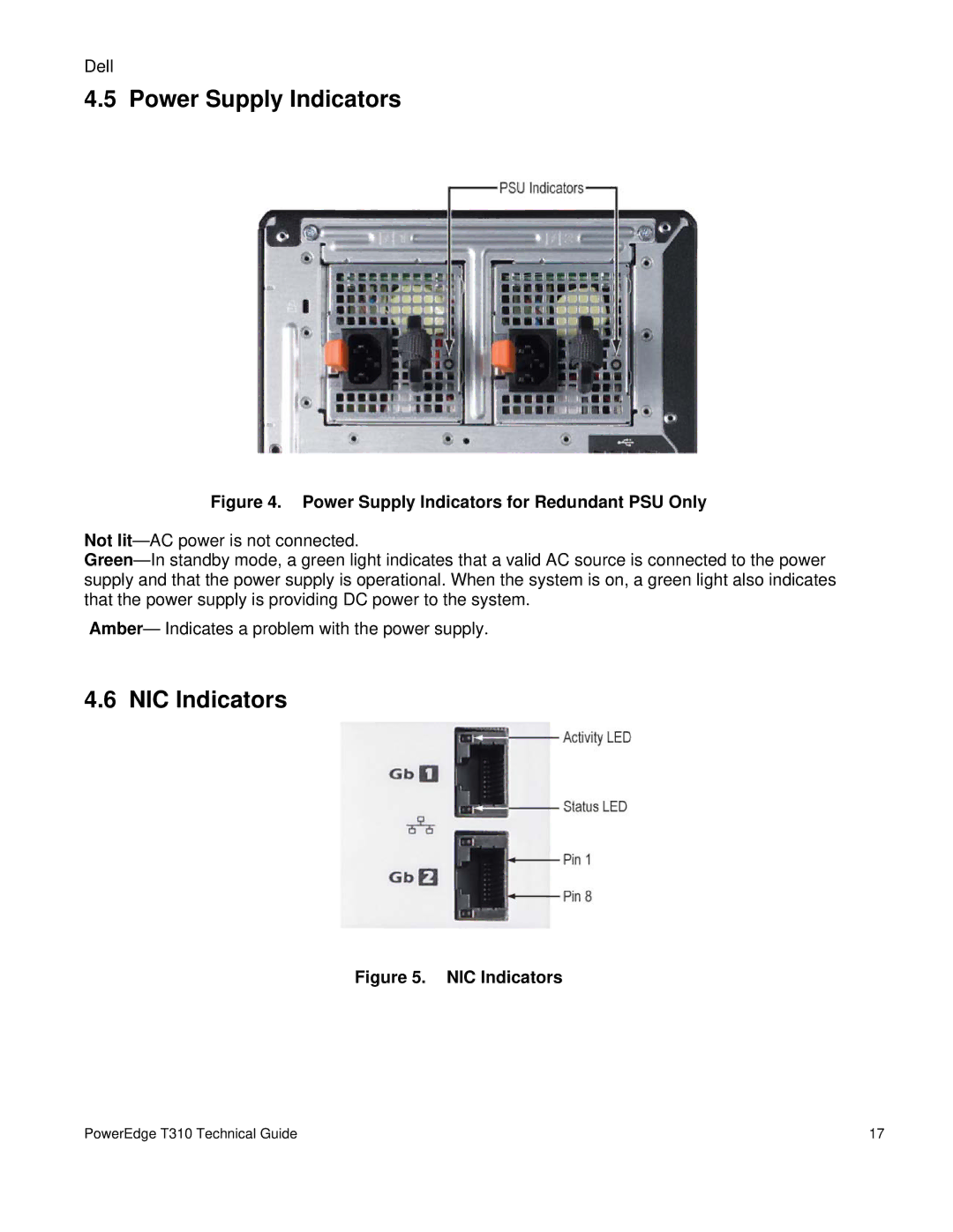 Dell T310 manual Power Supply Indicators, NIC Indicators 