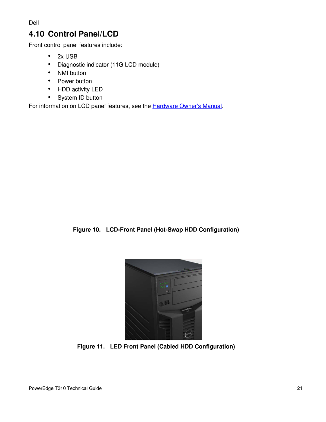 Dell T310 manual Control Panel/LCD, LCD-Front Panel Hot-Swap HDD Configuration 