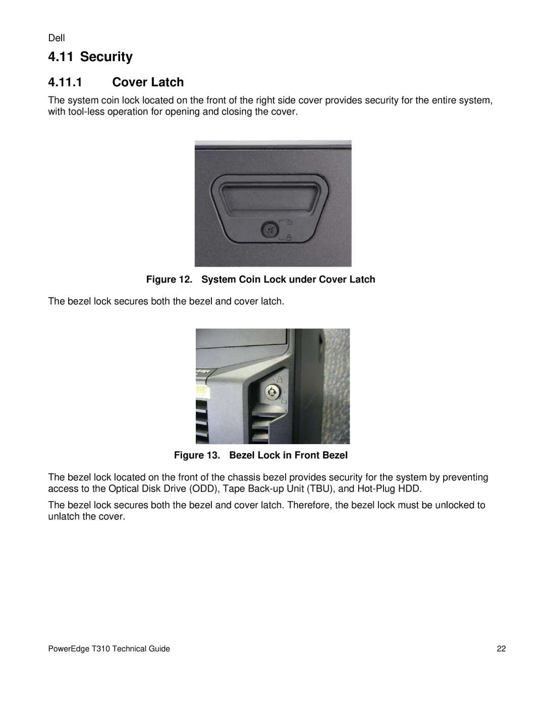 Dell T310 manual Security, System Coin Lock under Cover Latch 