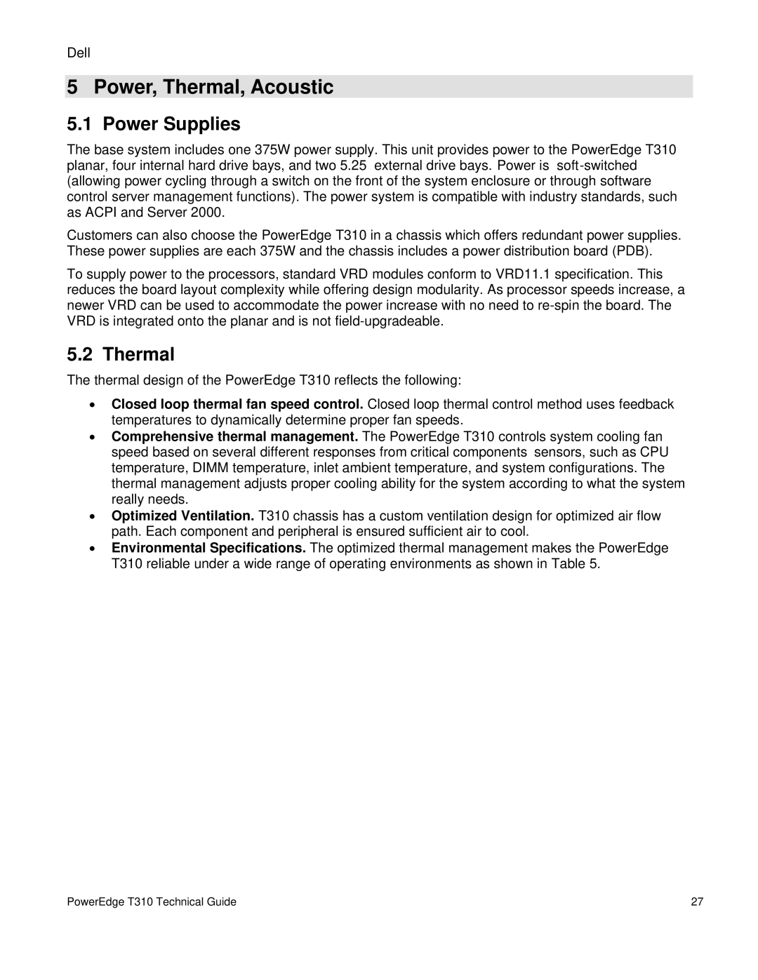 Dell T310 manual Power, Thermal, Acoustic, Power Supplies 