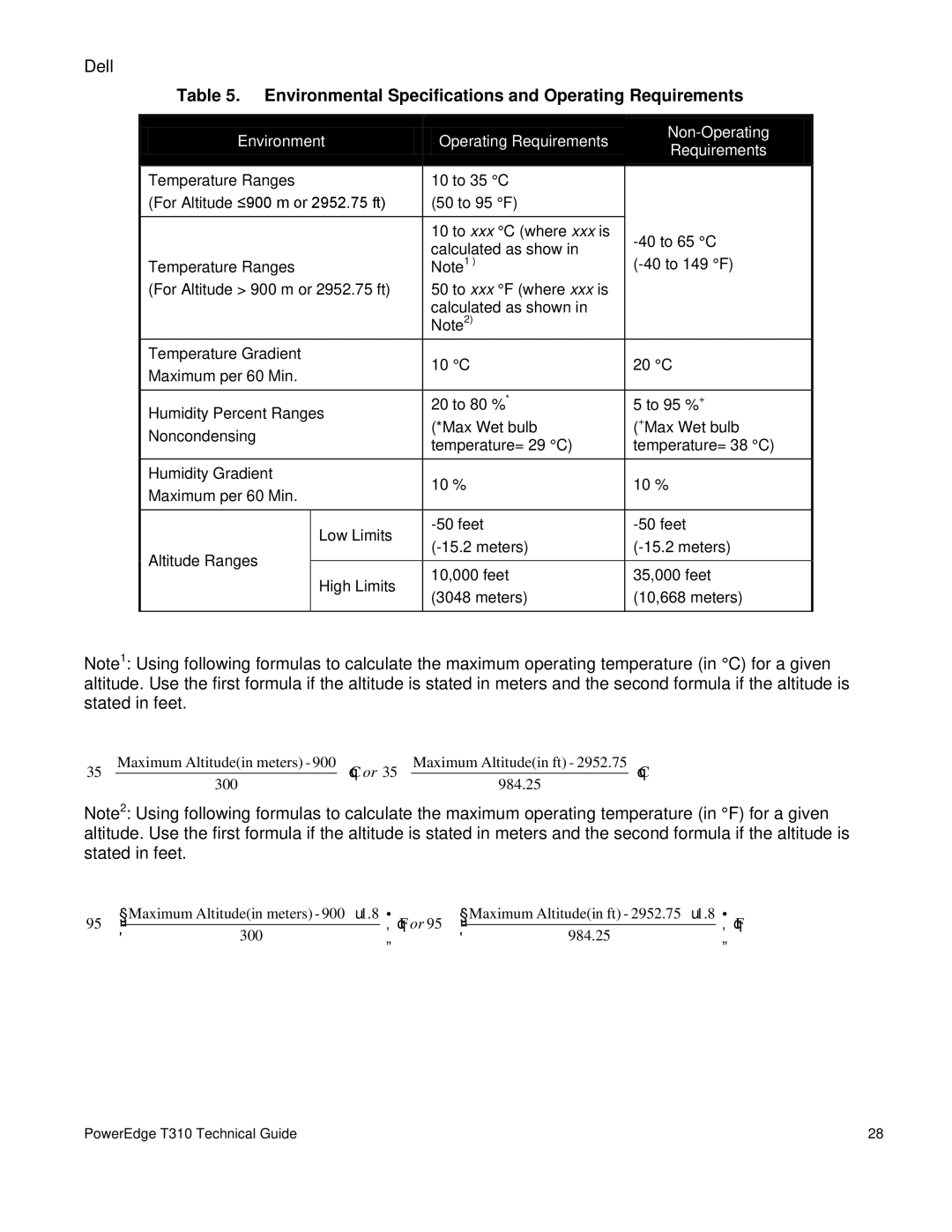 Dell T310 manual Environmental Specifications and Operating Requirements, Environment Operating Requirements Non-Operating 