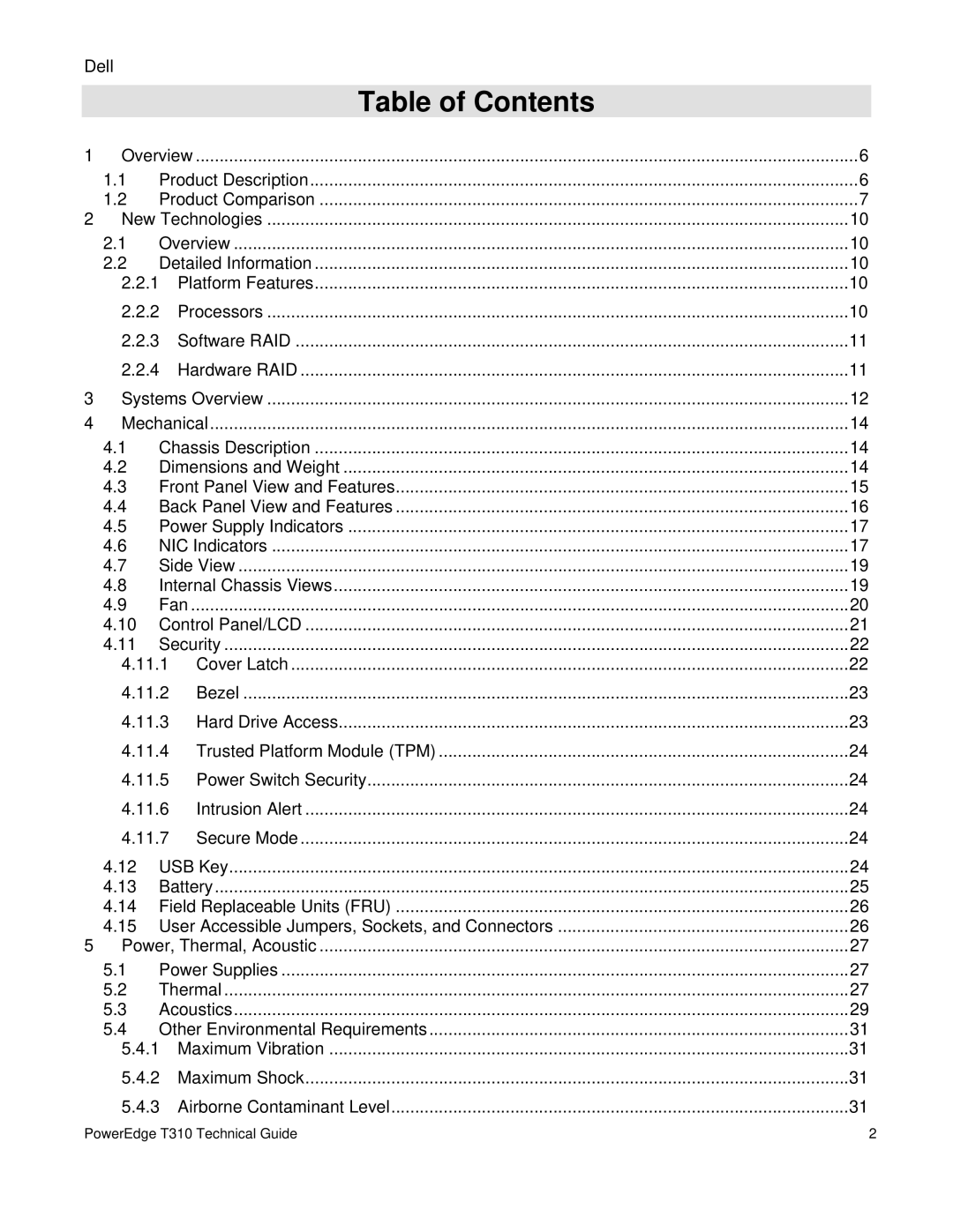 Dell T310 manual Table of Contents 