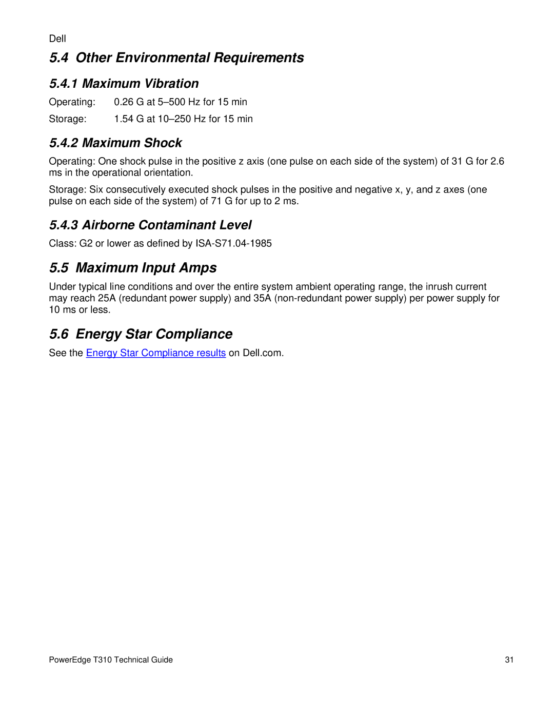 Dell T310 manual Other Environmental Requirements, Maximum Input Amps, Energy Star Compliance 