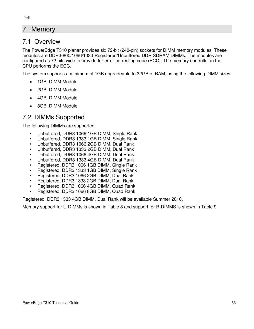 Dell T310 manual Memory, DIMMs Supported 