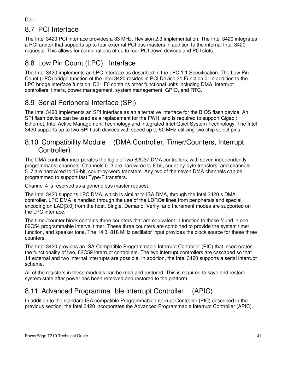 Dell T310 manual PCI Interface, Low Pin Count LPC Interface, Serial Peripheral Interface SPI 