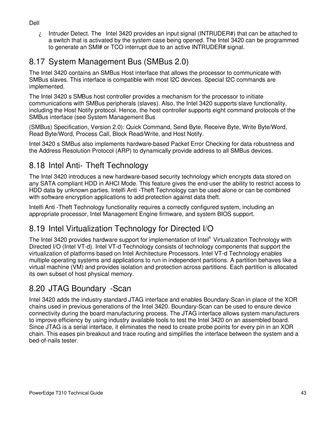 Dell T310 manual System Management Bus SMBus, Intel Anti-Theft Technology, Intel Virtualization Technology for Directed I/O 