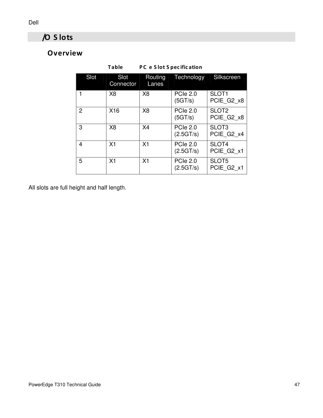 Dell T310 manual 10 I/O Slots, PCIe Slot Specification 