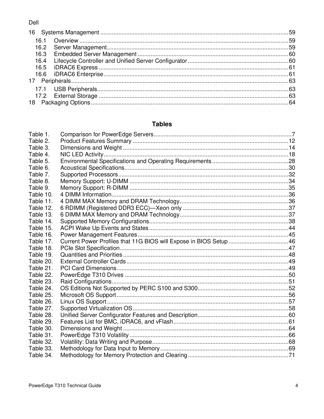 Dell T310 manual Tables 