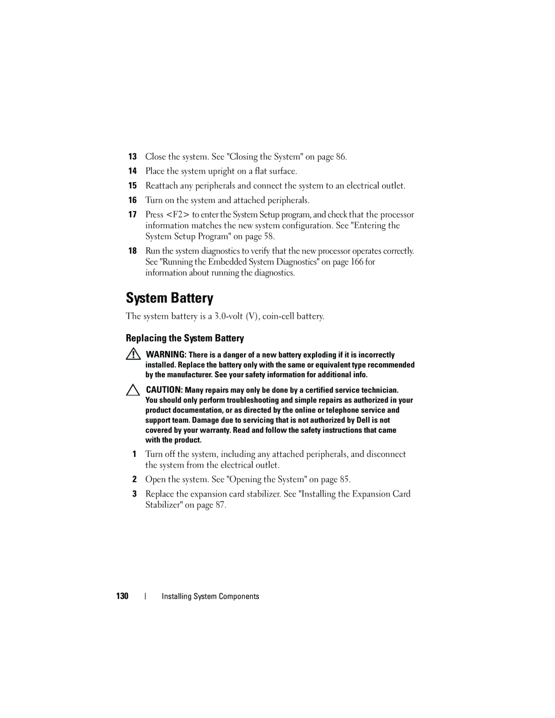Dell T310 owner manual Replacing the System Battery 