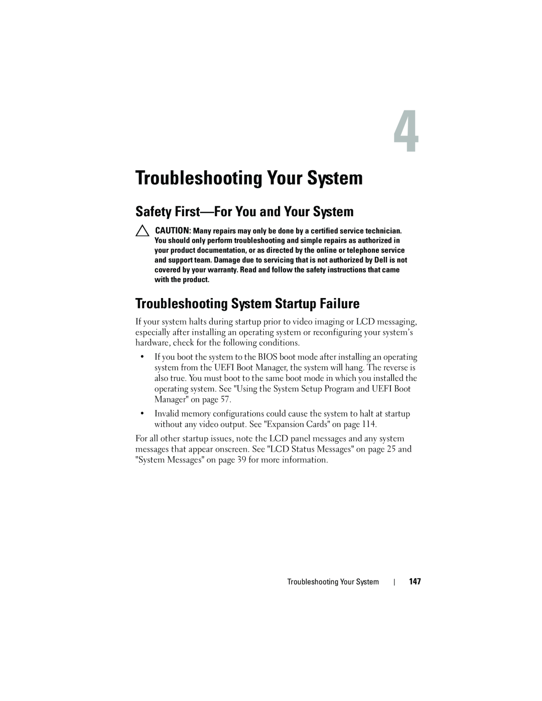 Dell T310 Troubleshooting Your System, Safety First-For You and Your System, Troubleshooting System Startup Failure 