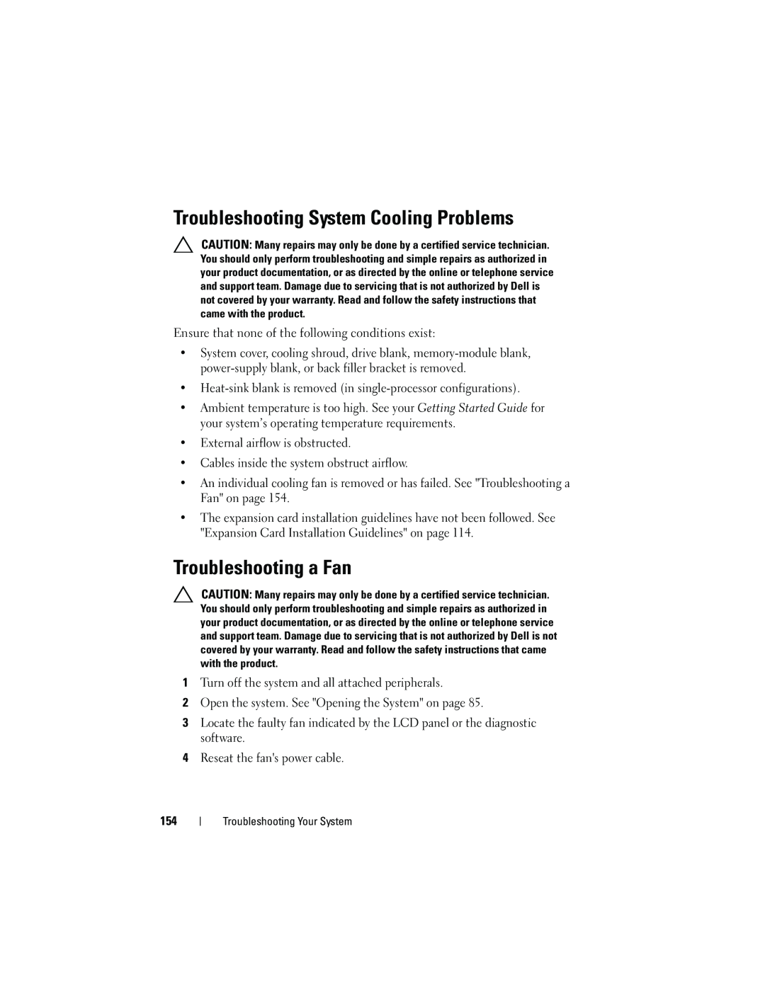 Dell T310 owner manual Troubleshooting System Cooling Problems, Troubleshooting a Fan 