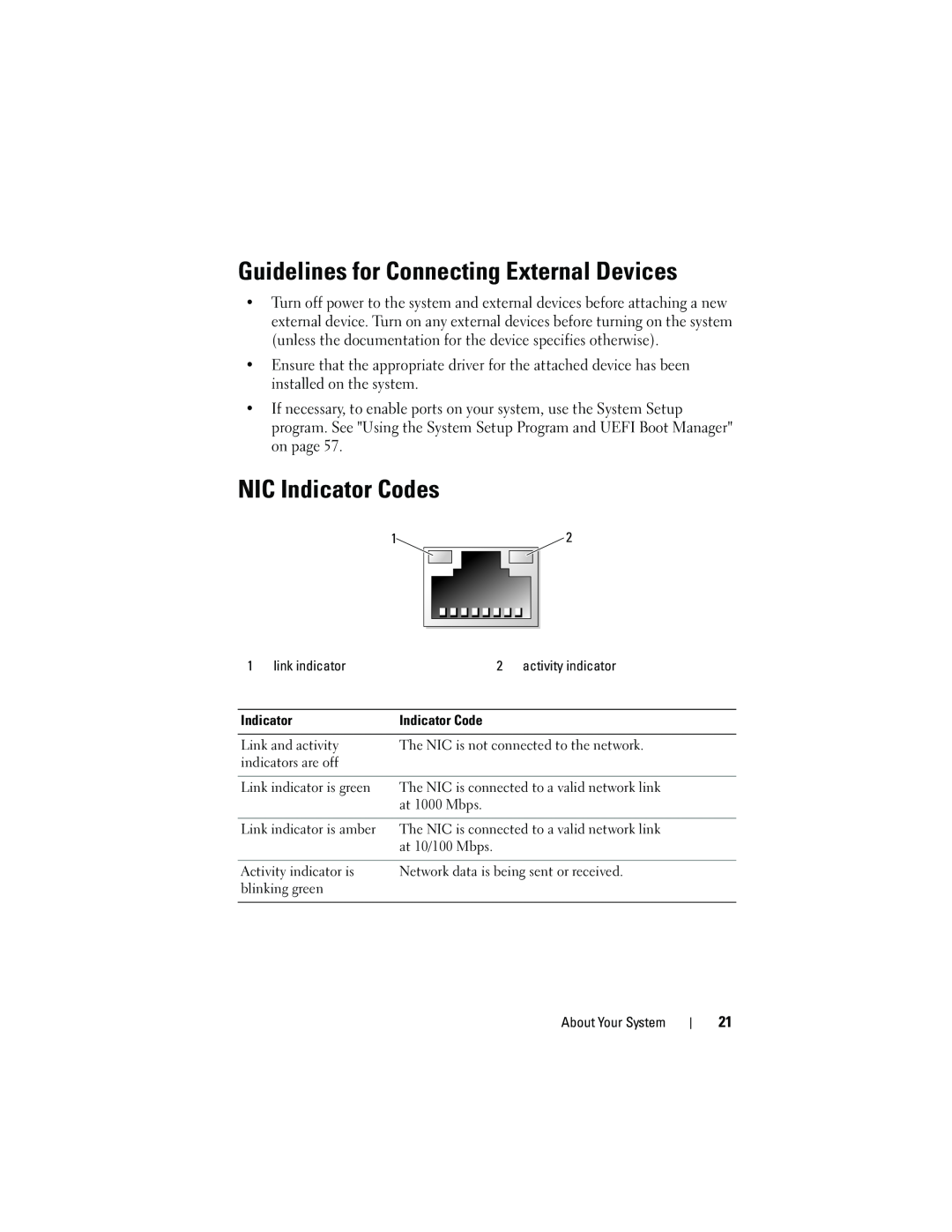 Dell T310 owner manual Guidelines for Connecting External Devices, NIC Indicator Codes 