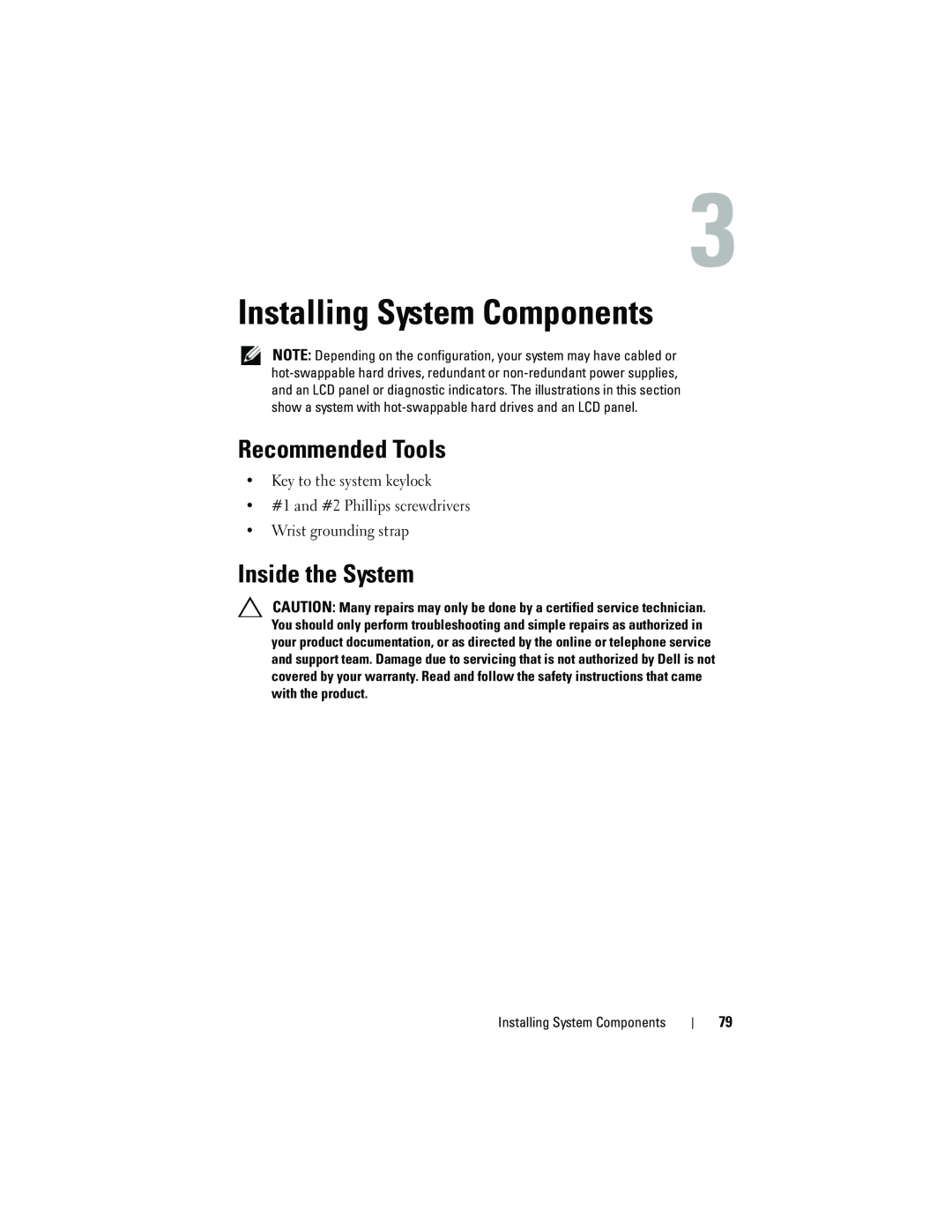 Dell T310 owner manual Installing System Components, Recommended Tools, Inside the System 