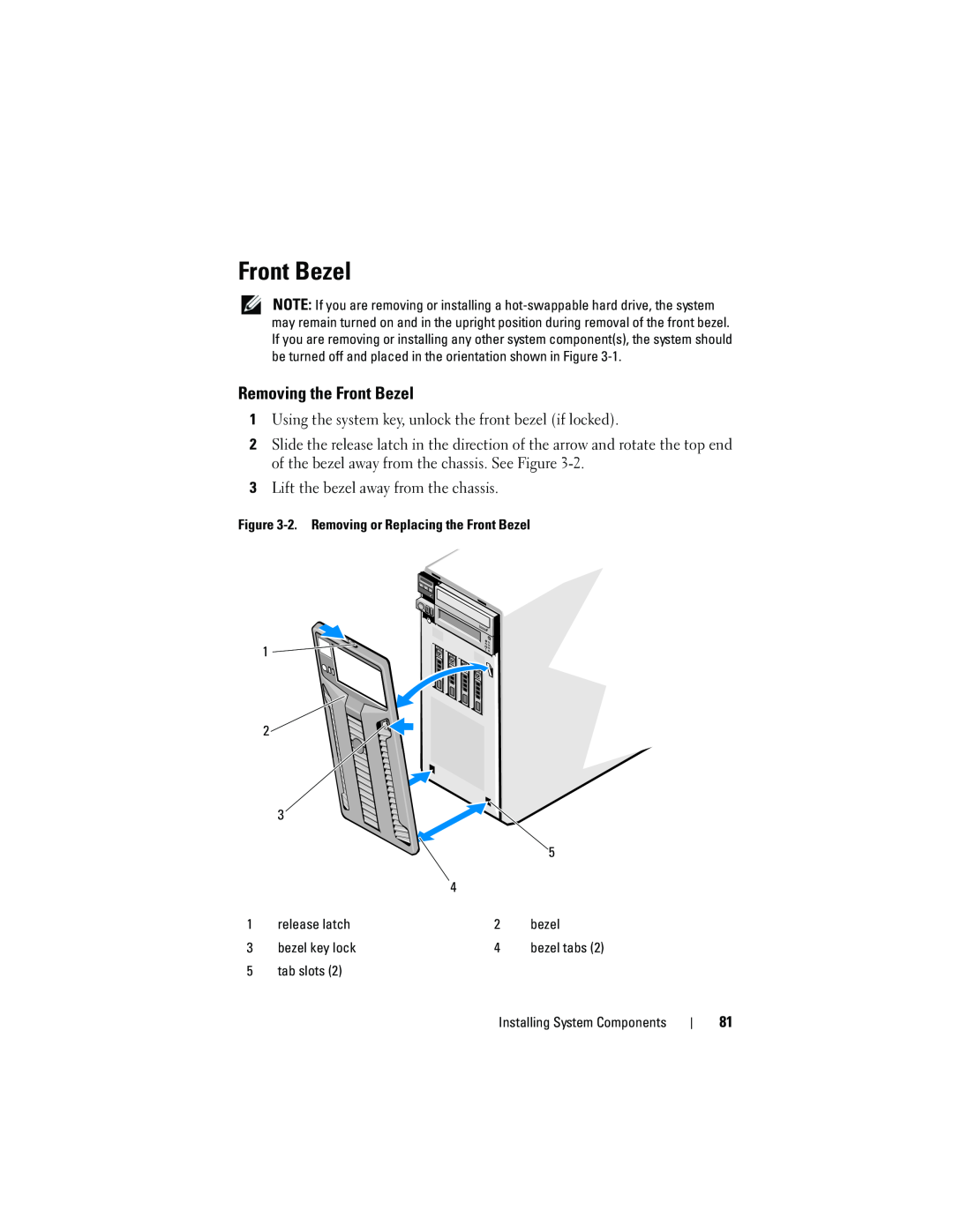 Dell T310 owner manual Removing the Front Bezel 