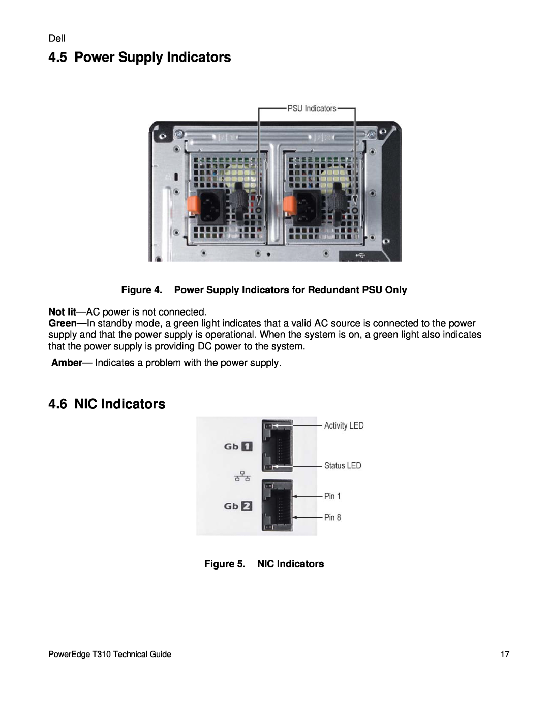 Dell T310 manual NIC Indicators, Power Supply Indicators for Redundant PSU Only 