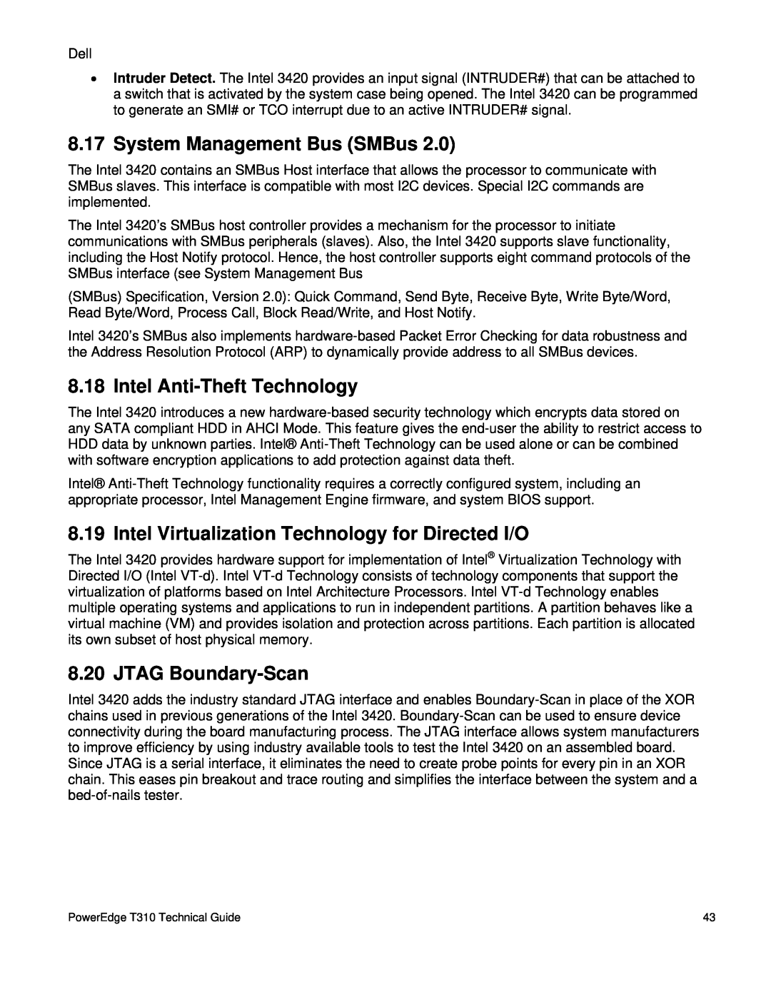 Dell T310 manual System Management Bus SMBus, Intel Anti-Theft Technology, Intel Virtualization Technology for Directed I/O 