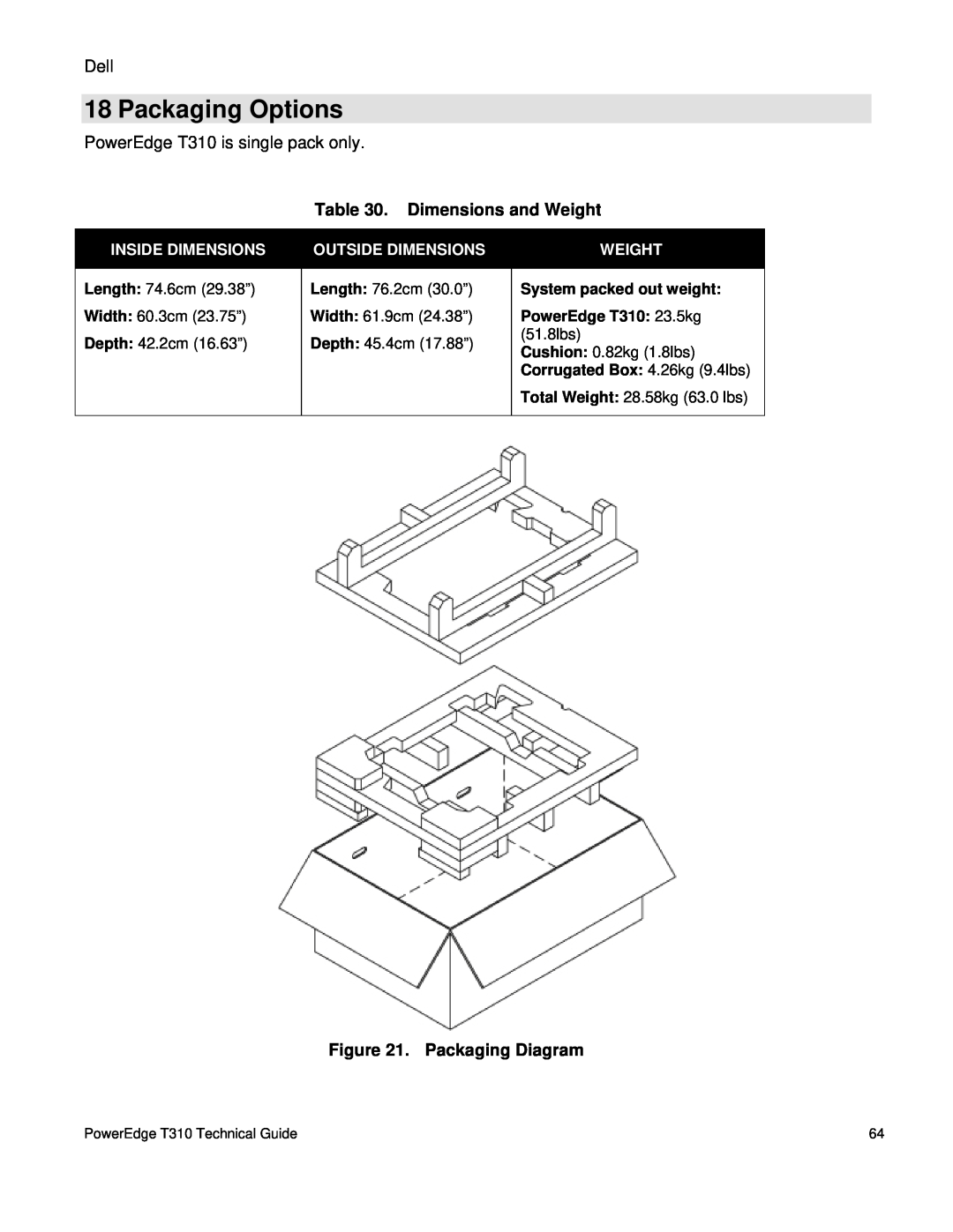 Dell T310 manual Packaging Options, Dimensions and Weight, Packaging Diagram, Inside Dimensions, Outside Dimensions 