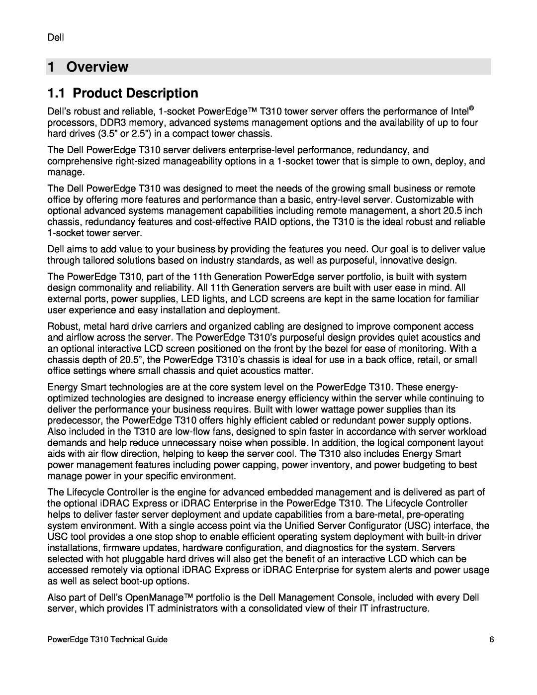Dell T310 manual Overview, Product Description 