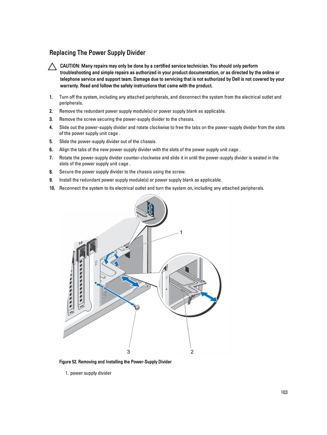 Dell T320 owner manual Replacing The Power Supply Divider, Removing and Installing the Power-Supply Divider 